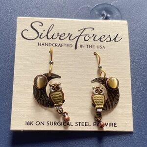 Silver Forest Owl Earrings with Gold and Green Details